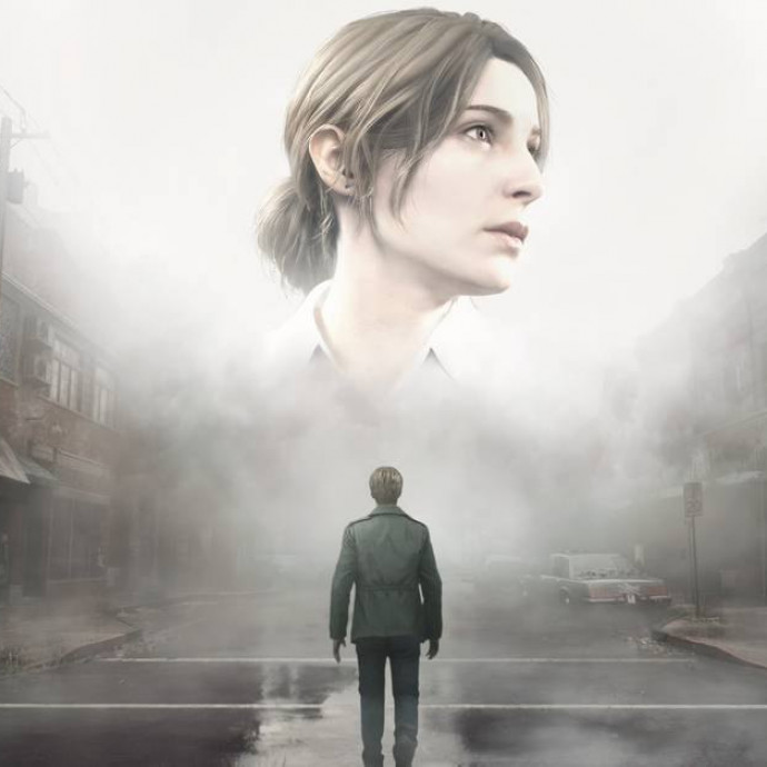Silent Hill 2 — key art: James and the image of Mary above the streets