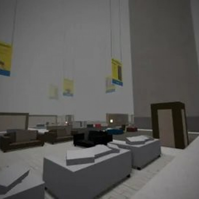 Огромный зал мебельного магазина с полками в игре SCP-3008